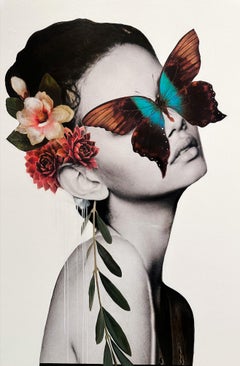 "Botanica I" Zeitgenössisches abstraktes Blumenporträt Gemischte Medien auf Tafel Collage