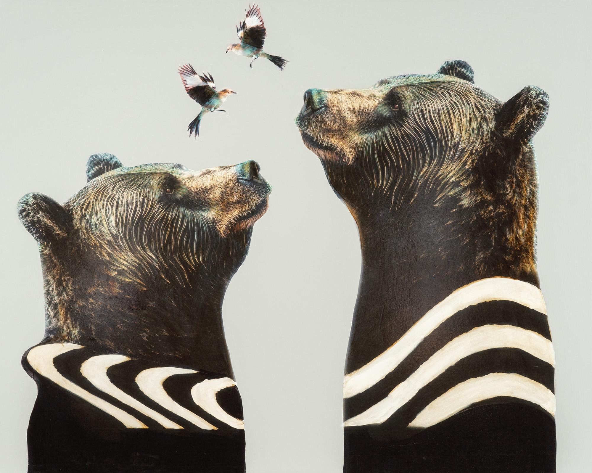 Anke Schofield Animal Painting - "Inflight" Contemporary Large-scale Bears, Birds Collage Mixed Media On Panel 