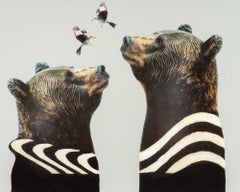 "En vuelo" Collage contemporáneo a gran escala de osos y pájaros en técnica mixta sobre panel 
