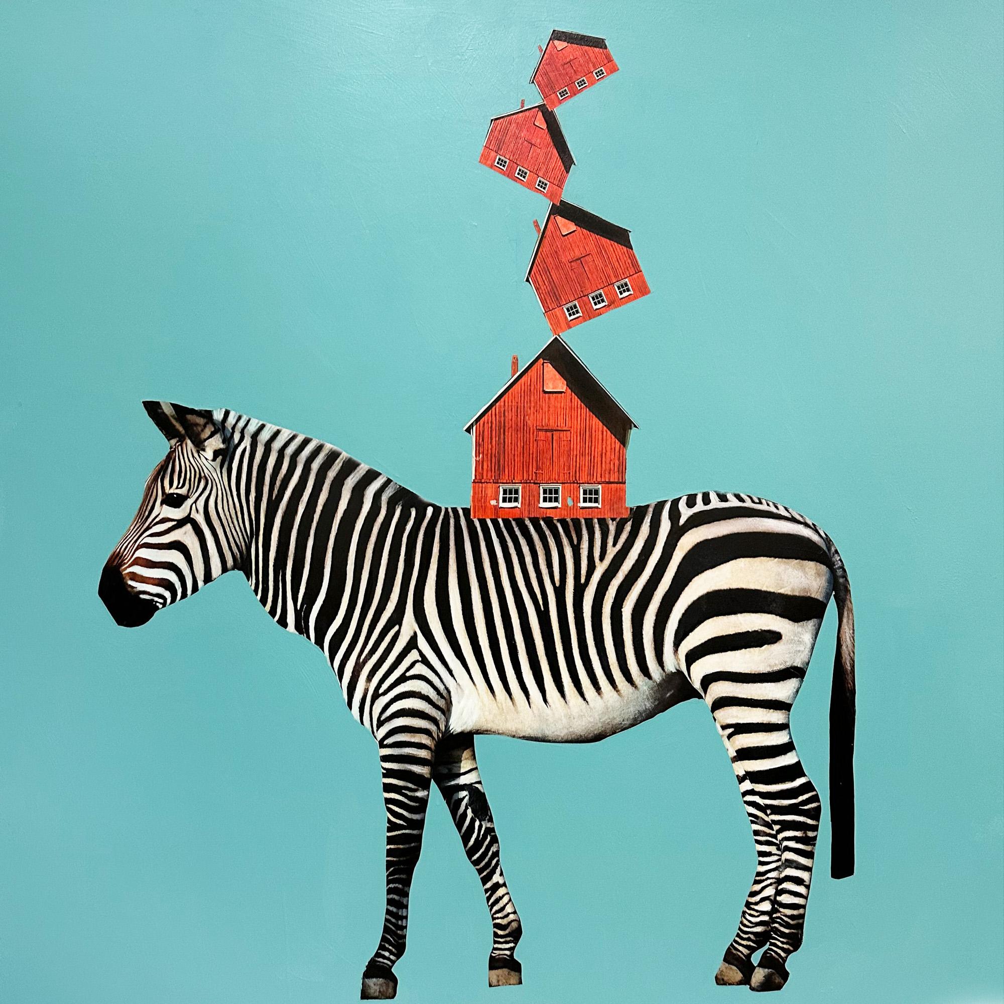 "Zebra Stack" Contemporary Animal Abstract Collaged Mixed Media on Panel – Mixed Media Art von Anke Schofield