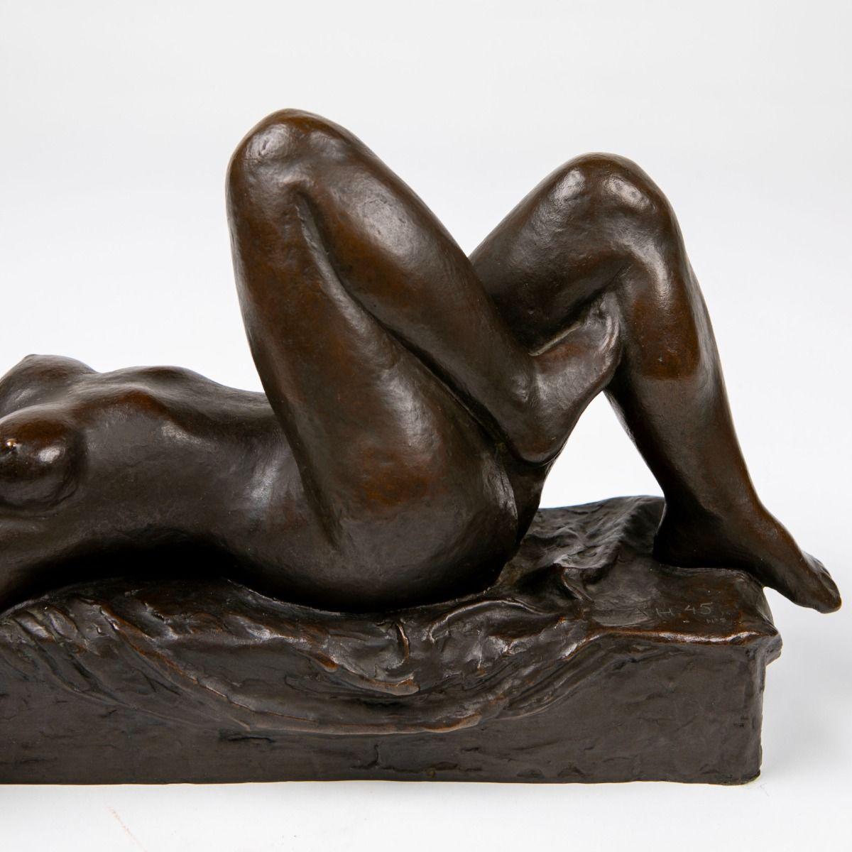 Anker Hoffmann Dark-Patinated Bronze Sculpture, 'Reclining Nude Woman