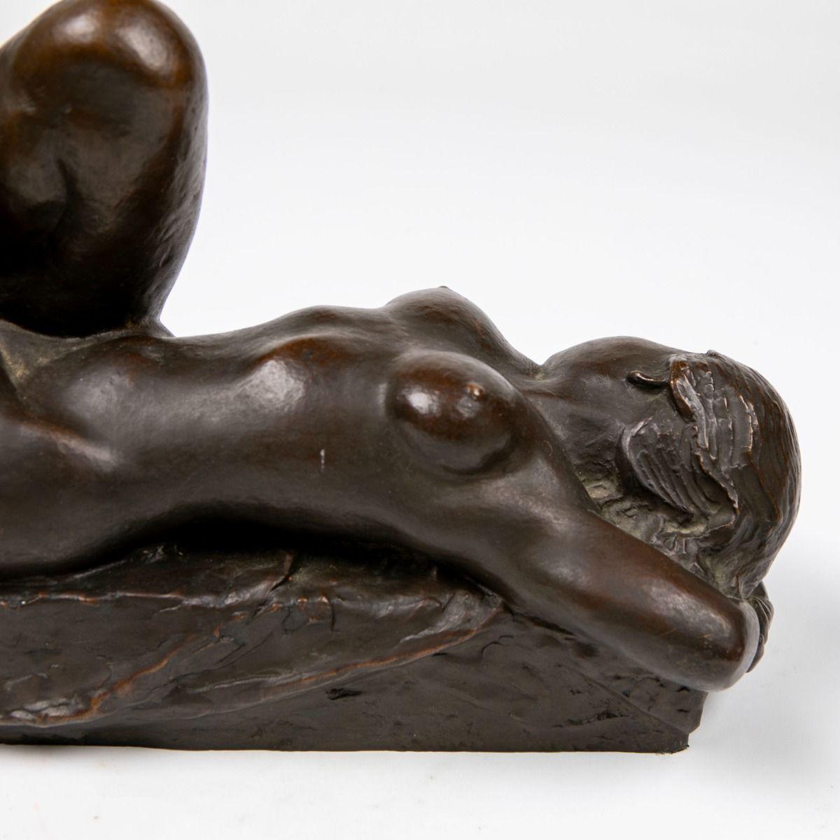 Anker Hoffmann Dark-Patinated Bronze Sculpture, 'Reclining Nude Woman