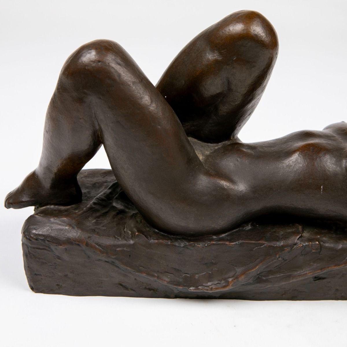 Anker Hoffmann Dark-Patinated Bronze Sculpture, 'Reclining Nude Woman