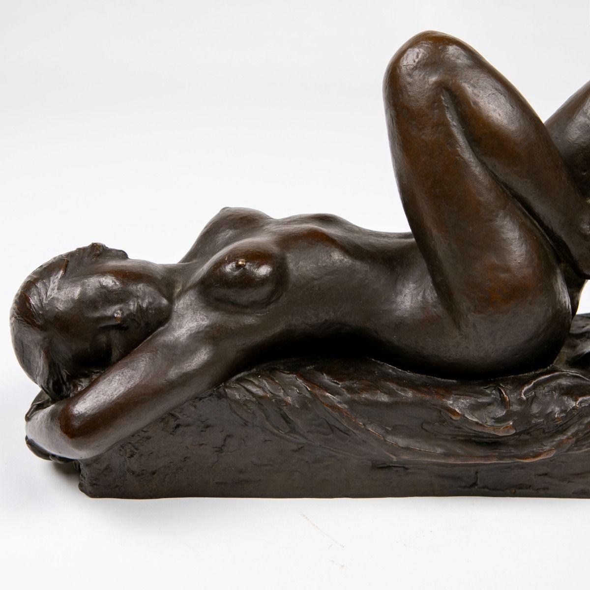 Anker Hoffmann Dark-Patinated Bronze Sculpture, 'Reclining Nude Woman