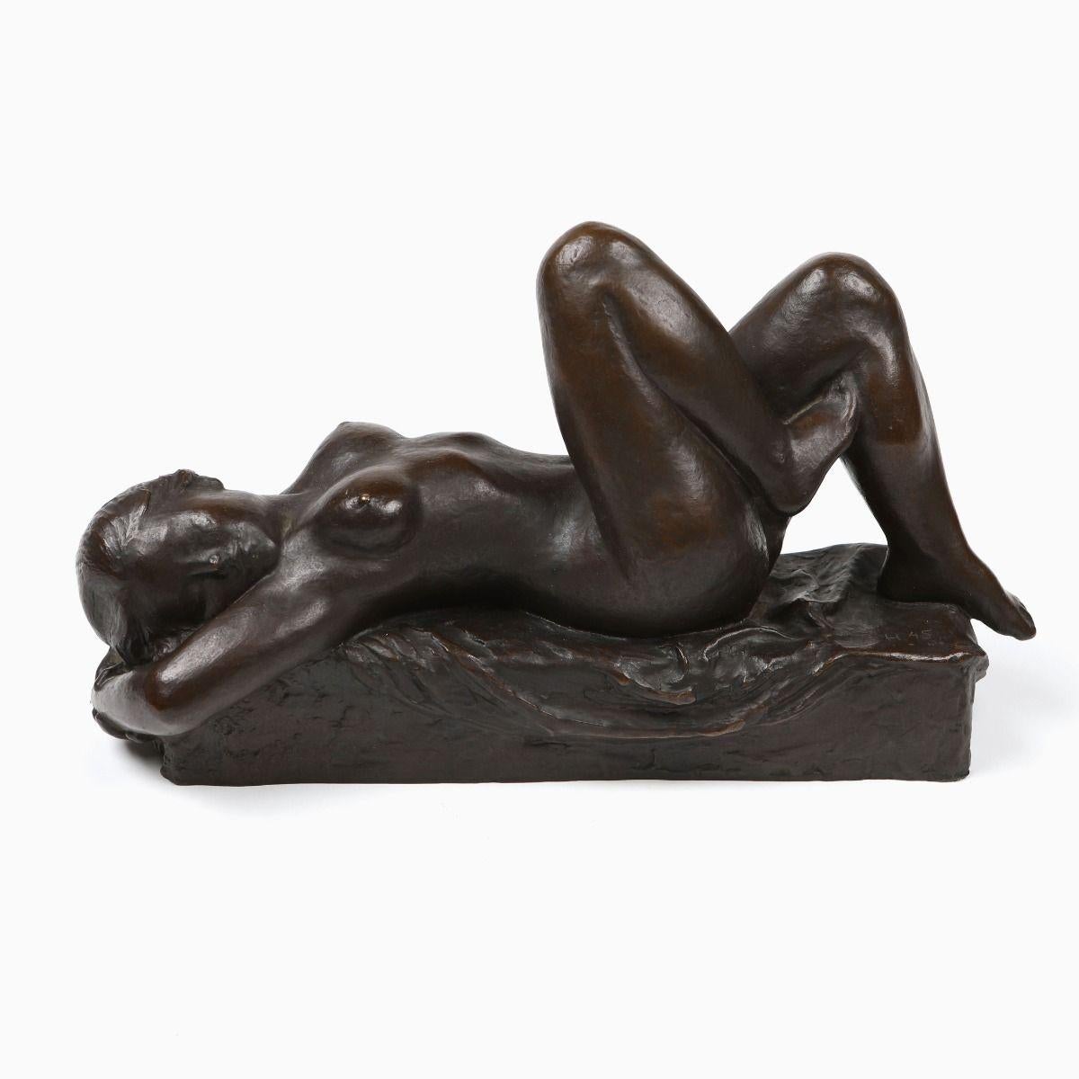 Anker Hoffmann Dark-Patinated Bronze Sculpture, 'Reclining Nude Woman"