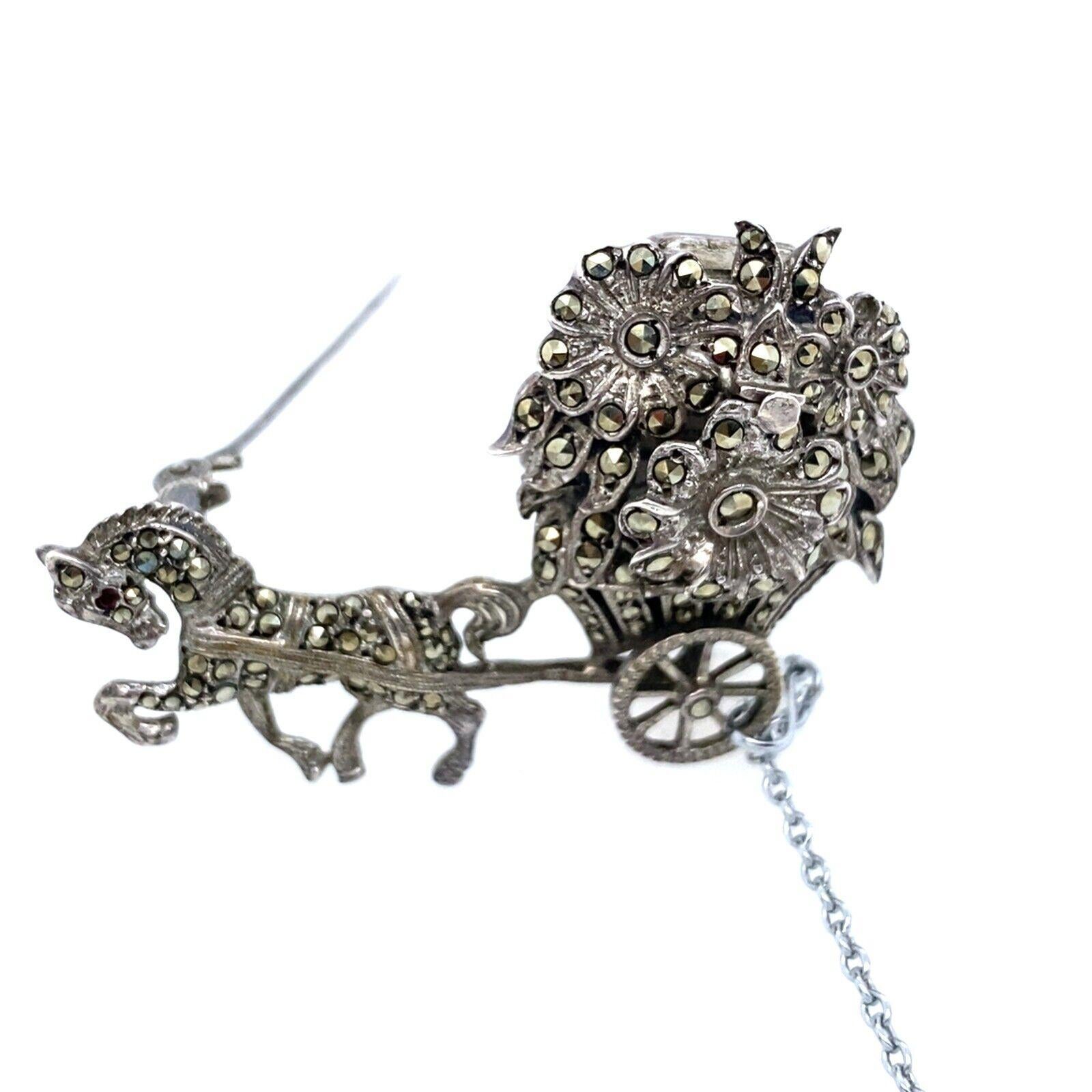 Women's Anker Silver Horse and Carriage Monarch Brooch/Watch with Marcasite, 1950's For Sale