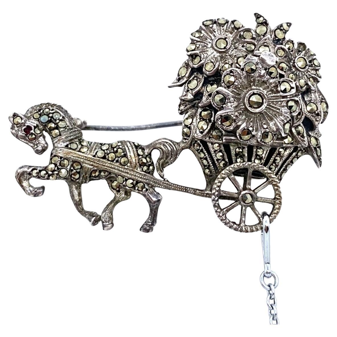 Anker Silver Horse and Carriage Monarch Brooch/Watch with Marcasite, 1950's For Sale