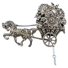 Vintage Anker Silver Horse and Carriage Monarch Brooch/Watch with Marcasite, 1950's