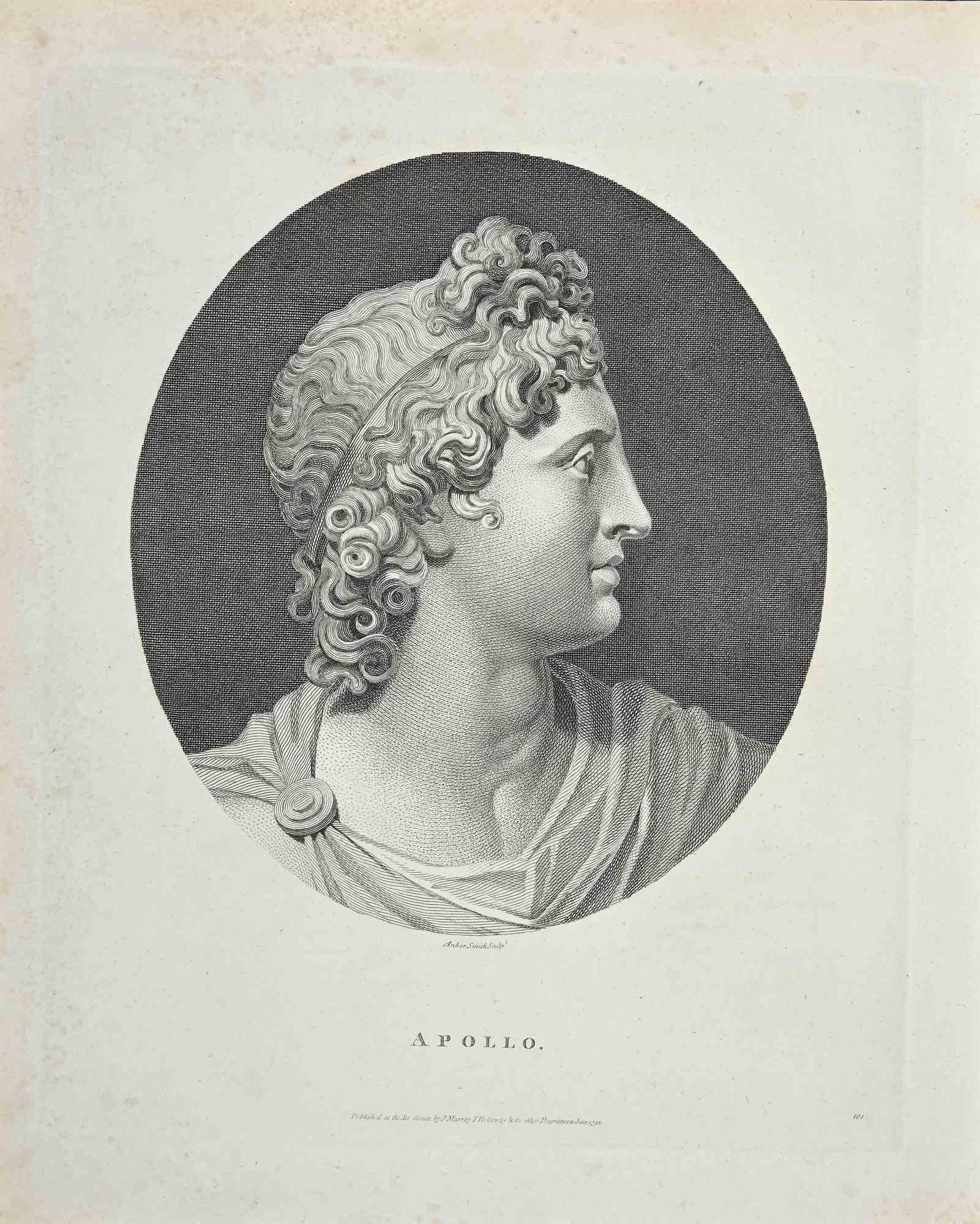 Portrait du dieu Apollon - eau-forte originale d'Anker Smith - 1810