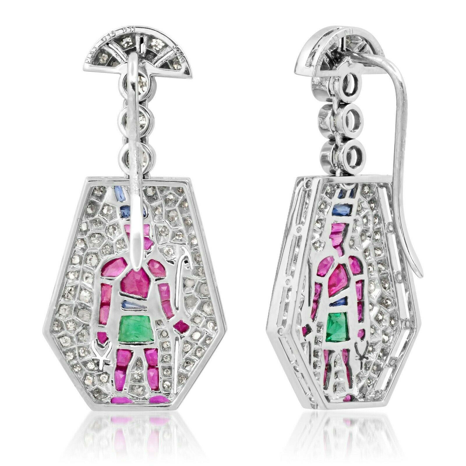 Diamond (1.43 total carat weight) with emerald, ruby, and sapphire (1.38 total carat weight) Egyptian ankh drop/dangle earrings in 900 platinum. The earrings are designed and handmade locally in Los Angeles by Sage Designs L.A. using earth-mined and