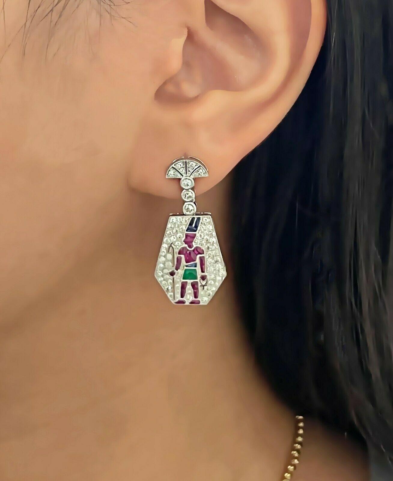 Contemporary Ankh 1.43 Total Carat Diamond and Gemstone 2.81 TCW Platinum Drop Earrings