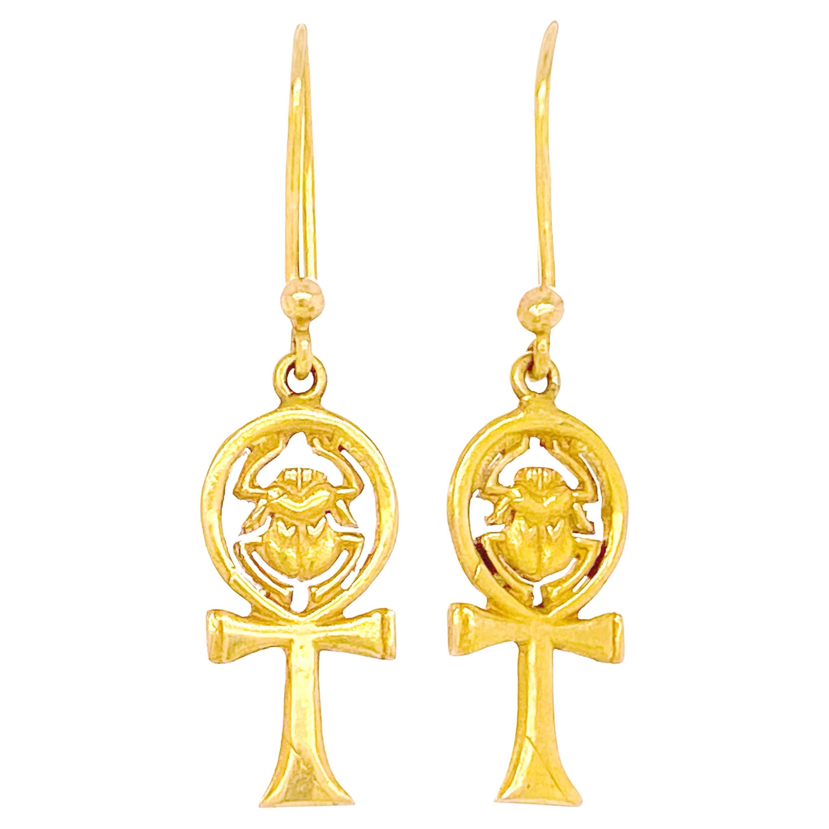 Boucles d'oreilles pendantes Ankh en or 22 carats, symbole de l'Égypte ancienne en vente