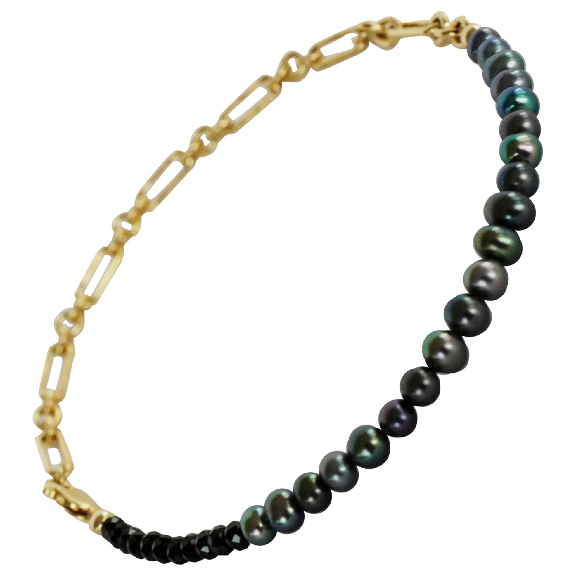 Bracelet de cheville J Dauphin en perles noires et perles, avec chaîne remplie d'or