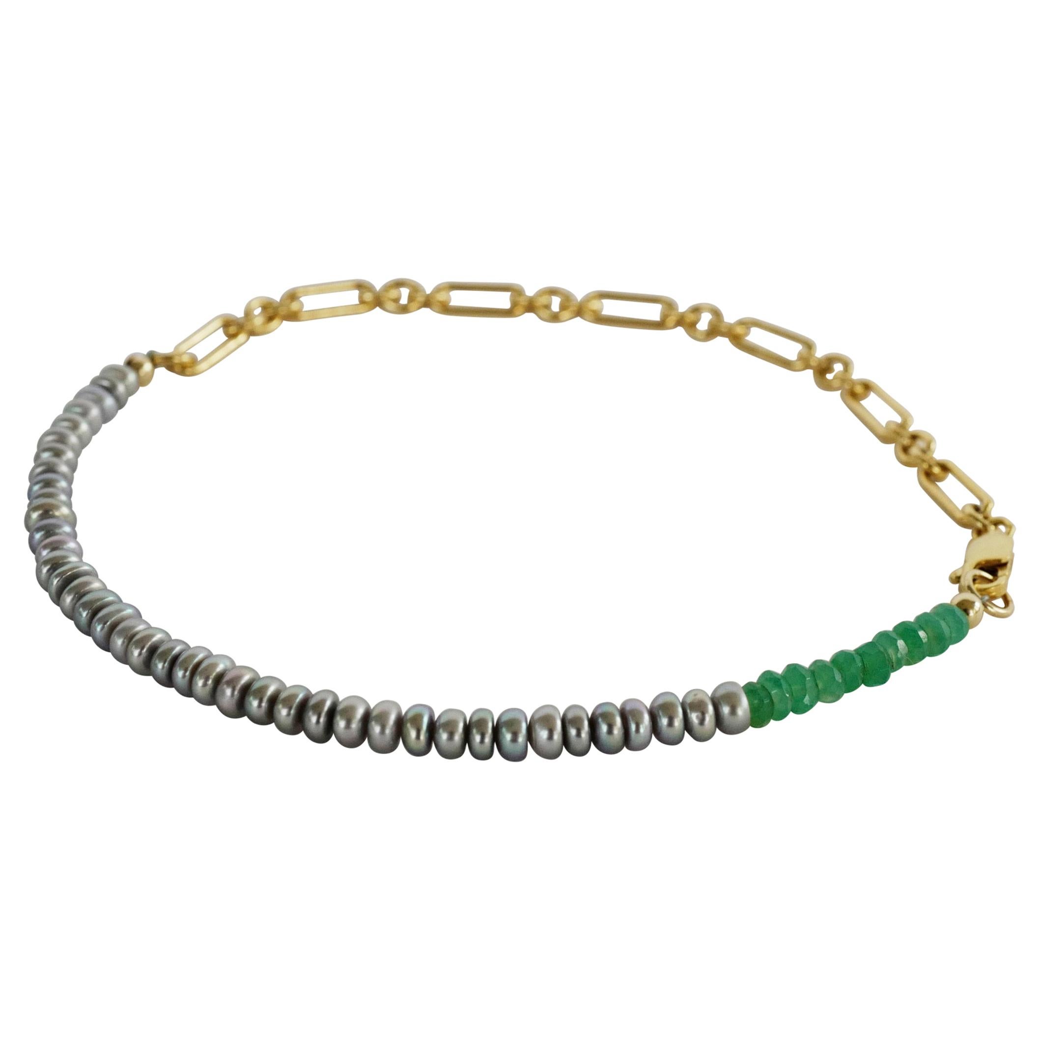 Bracelet de chevilles en perles noires et chrysoprase  Chaîne J Dauphin en perles et or remplie de perles