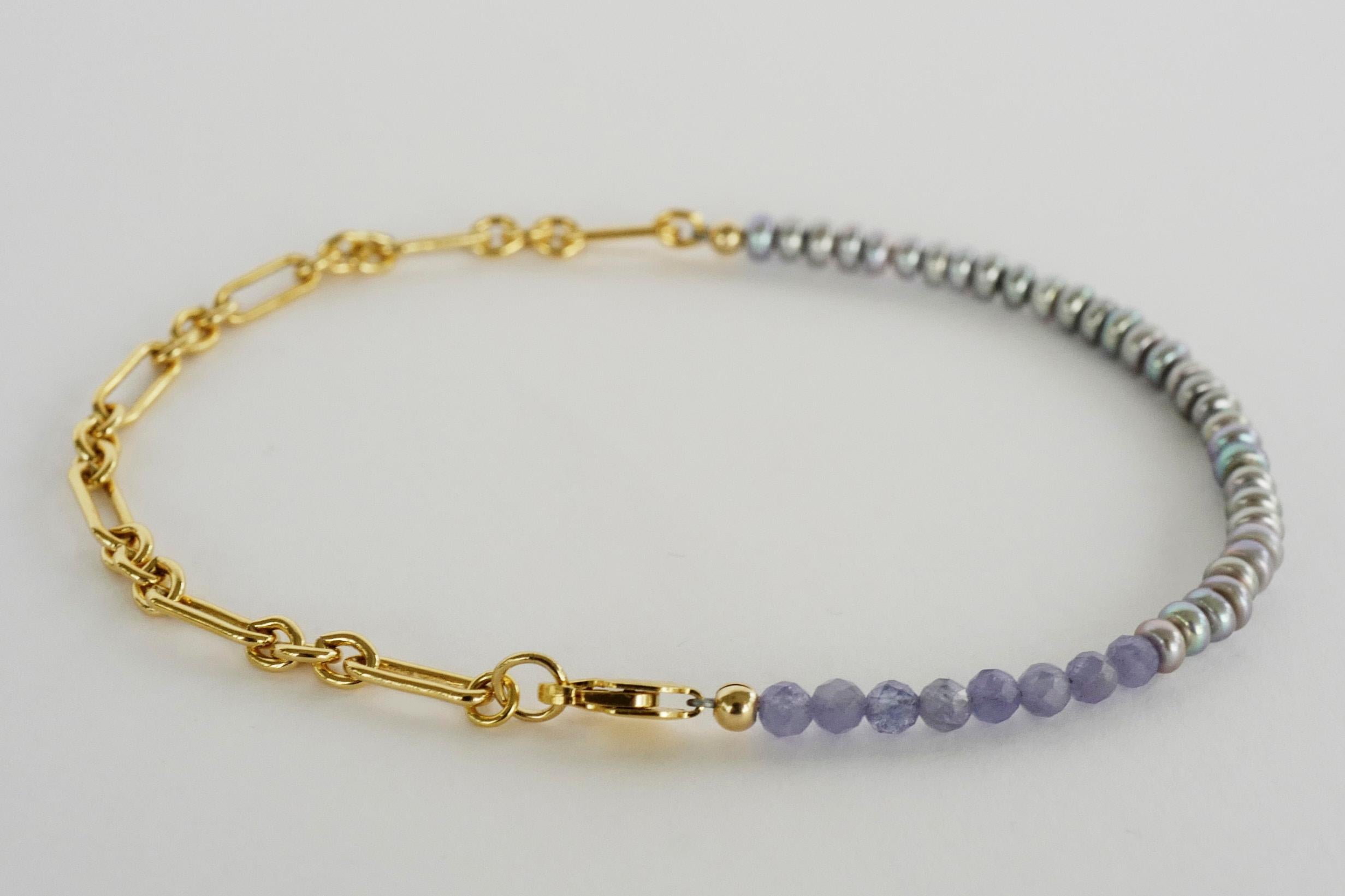 Round Cut Pearl Tanzanite Ankle Bracelet Beaded Gold Filled Chain J Dauphin For Sale