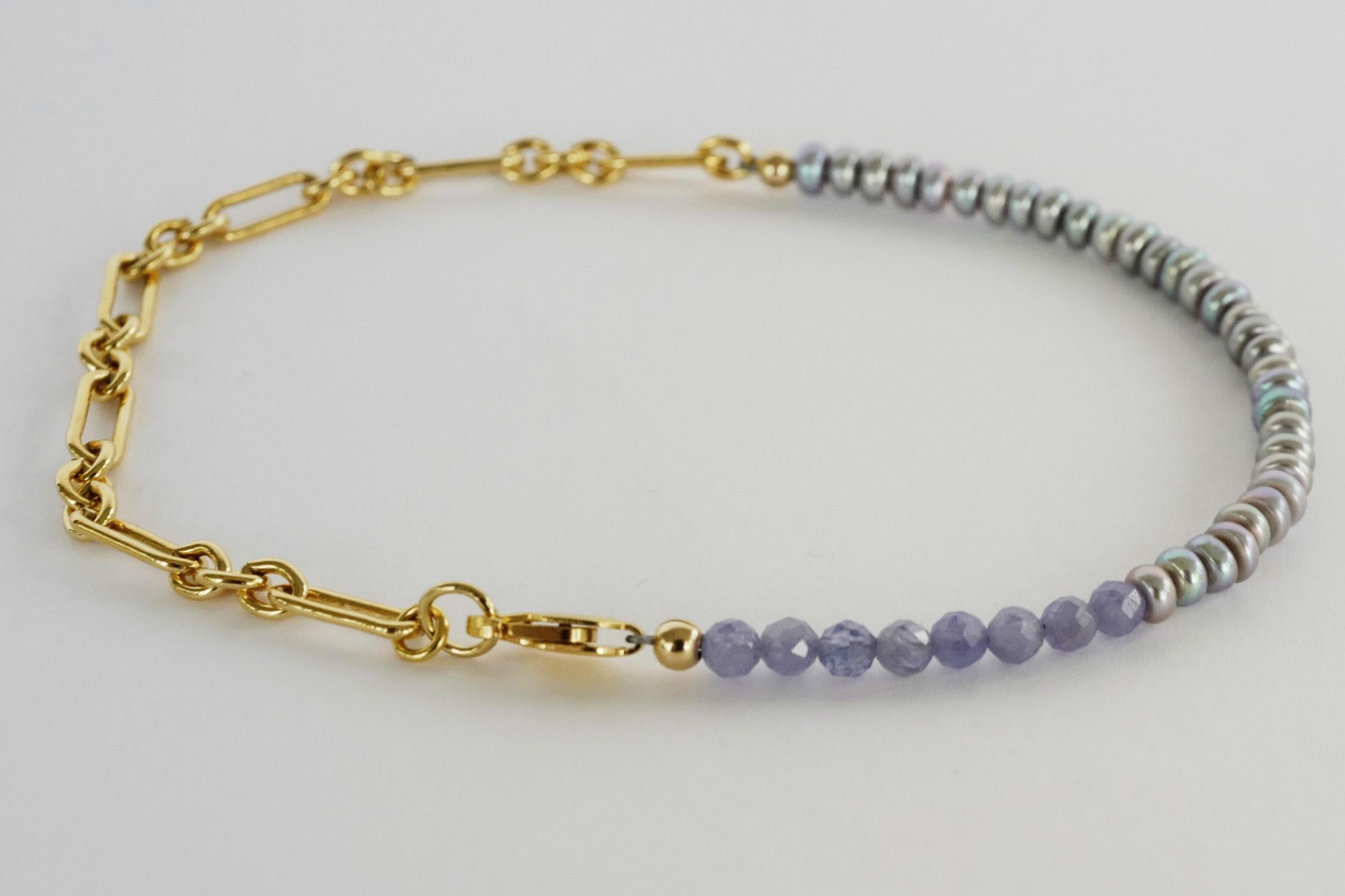 Pearl Tanzanite Ankle Bracelet Beaded Gold Filled Chain J Dauphin In New Condition For Sale In Los Angeles, CA