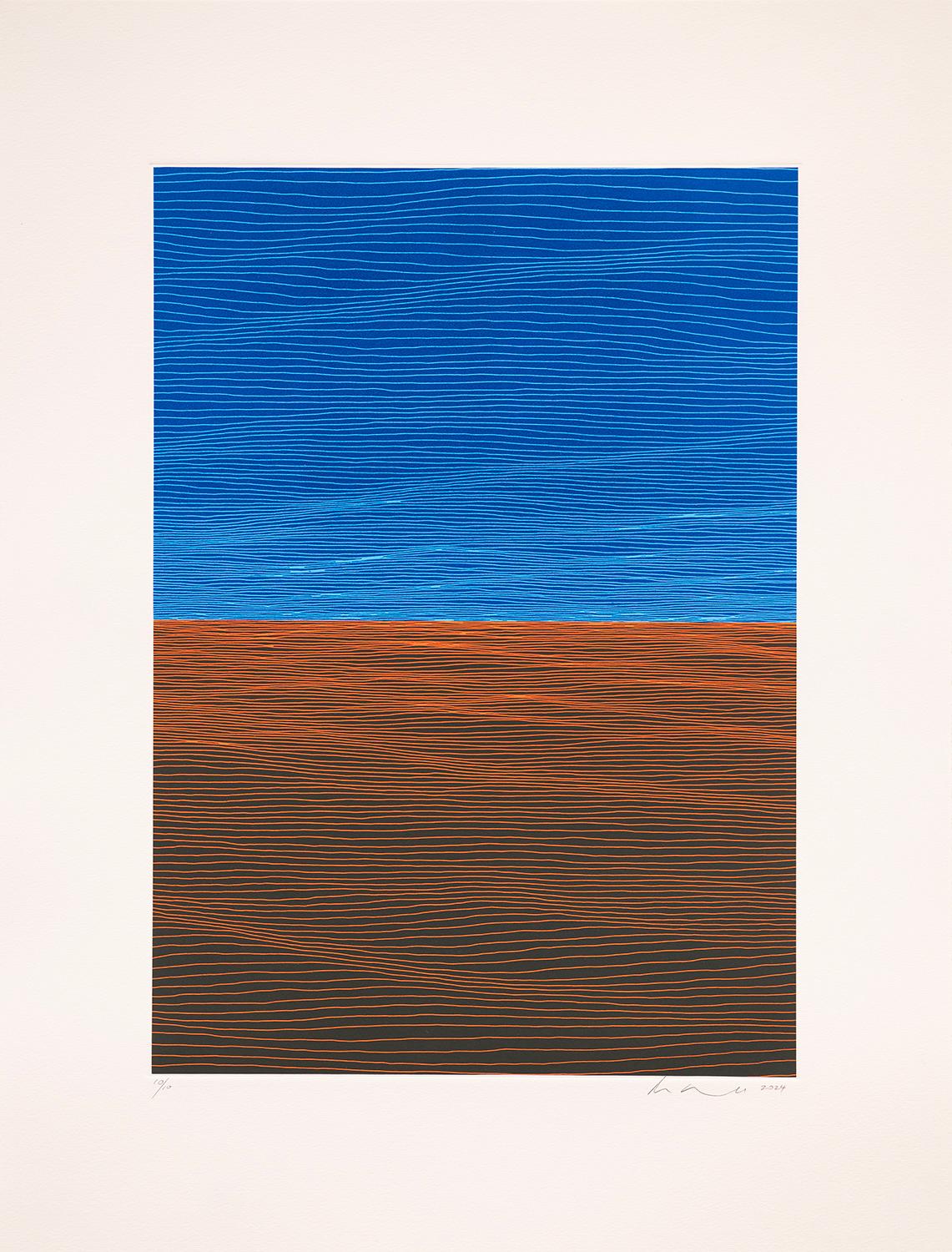 Landscape Print di Ann Aspinwall - Alba Gem I,  Linocut minimalista nei toni del blu e della terra