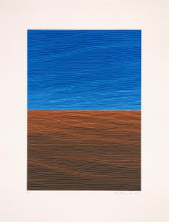 Alba Gem I,  Linocut minimalista nei toni del blu e della terra