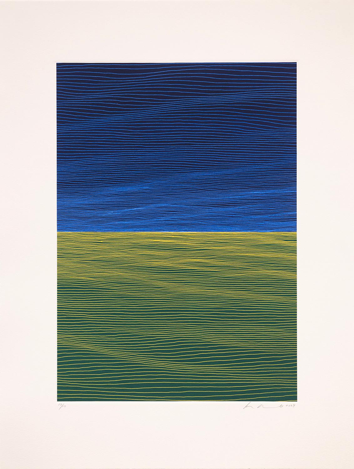 Abstract Print di Ann Aspinwall - Alba Gem II,  Linocut minimalista nei toni della terra blu e verde