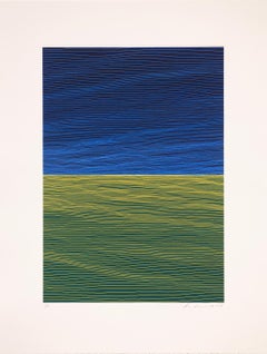 Alba Gem II,  Linocut minimalista nei toni della terra blu e verde