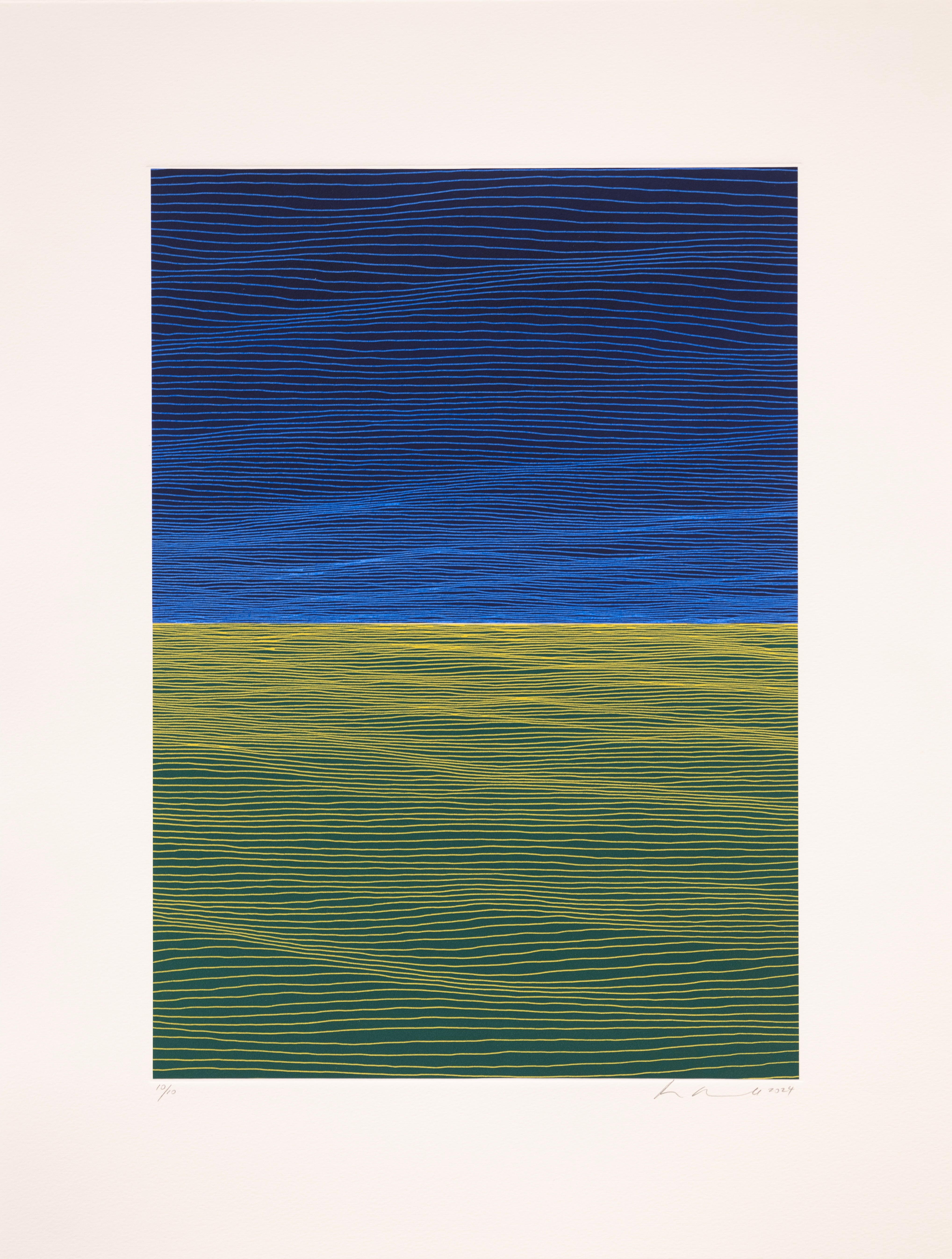 Alba Gem II,  Minimalist Linocut in Blue and Green Earth Tones