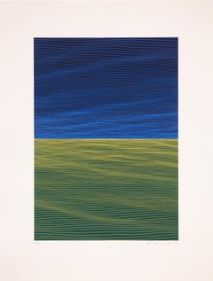 Alba Gem II, Linocut minimalista nei toni della terra blu e verde