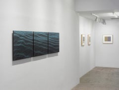 Ann Aspinwall, Ray (Aqua), abstract linocut with hand coloring mounted on panel