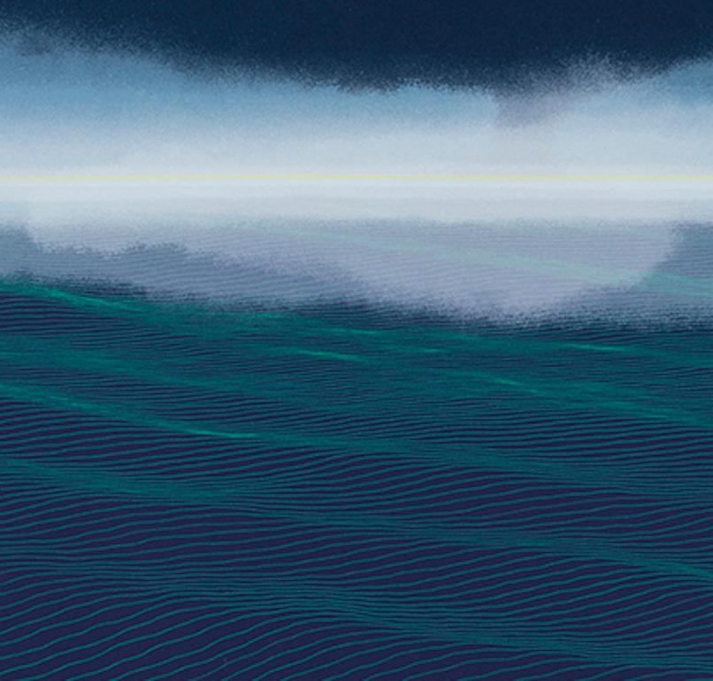 Brume II, serigrafia astratta contemporanea dai toni gioiello blu e verde - Print di Ann Aspinwall
