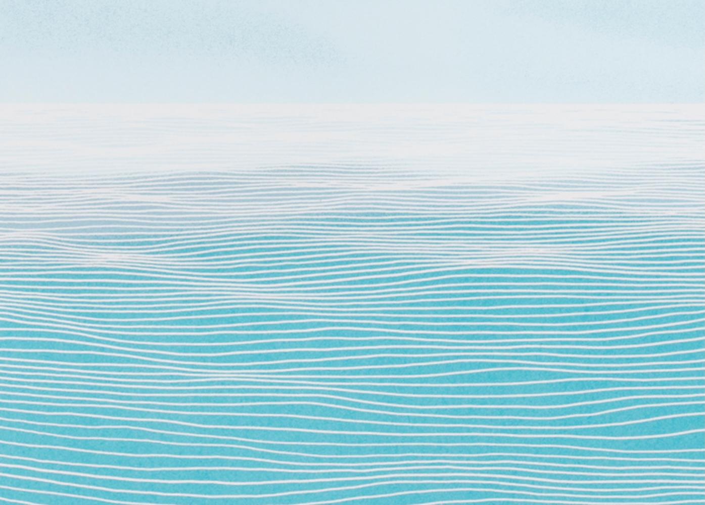 Caligo III - Sereno Estampado Horizonte Oceánico En Azules Con Sutiles Detalles Lineales - Abstract Print Gris de Ann Aspinwall