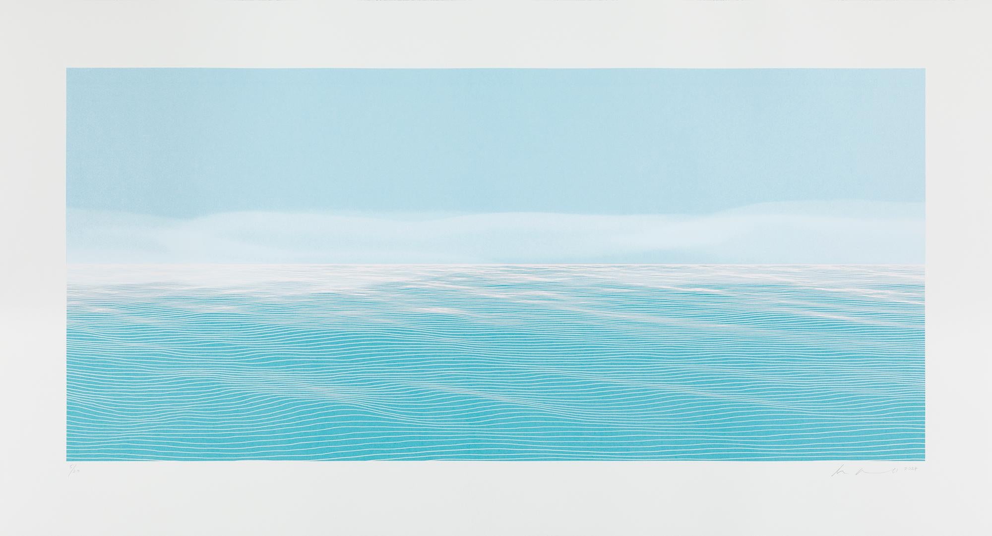 Abstract Print de Ann Aspinwall - Caligo III - Sereno Estampado Horizonte Oceánico En Azules Con Sutiles Detalles Lineales