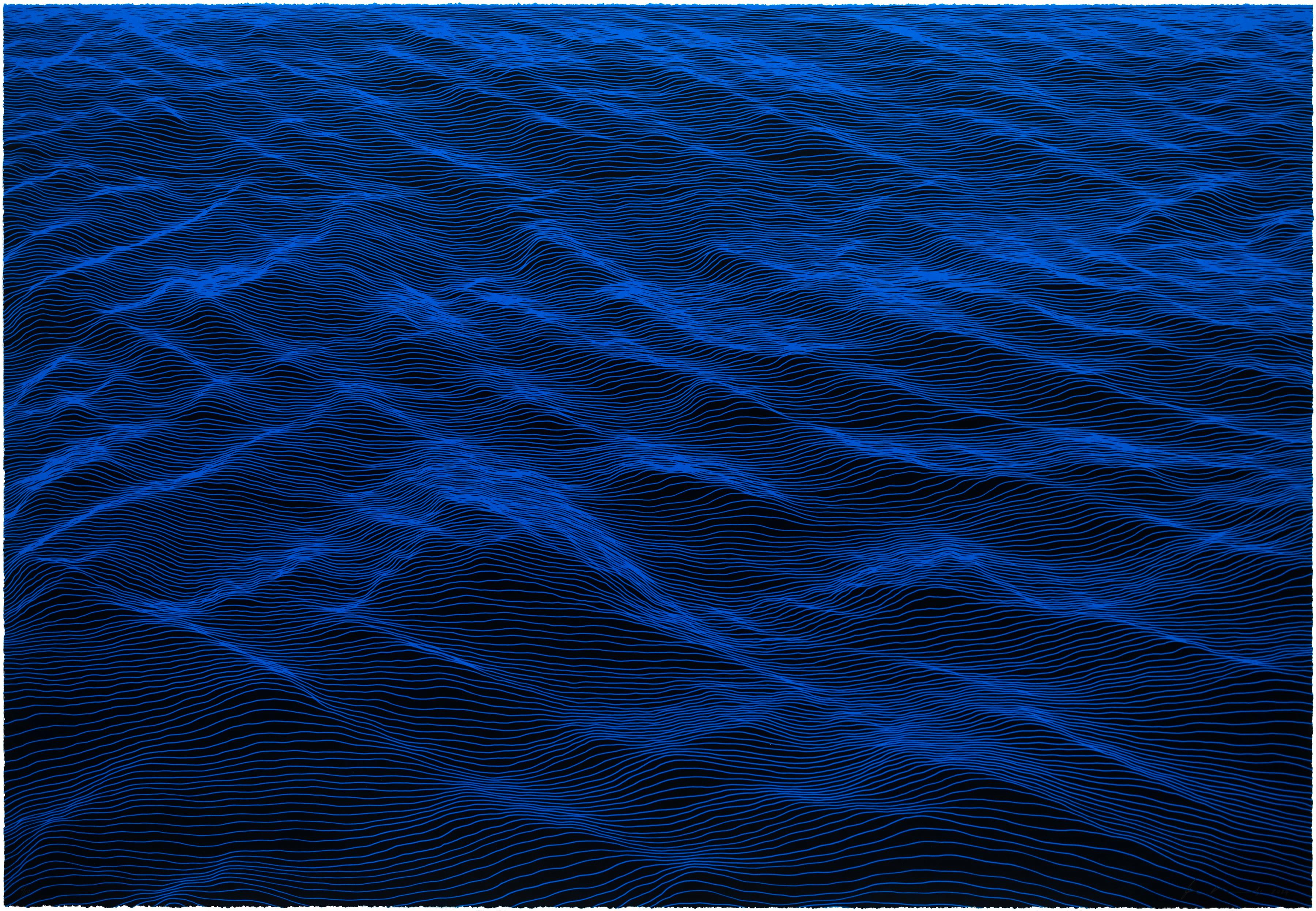 Ann Aspinwall Abstract Print - Castello – Abstract Ocean Wave Screenprint Seascape In Blue, 35 x 50 in