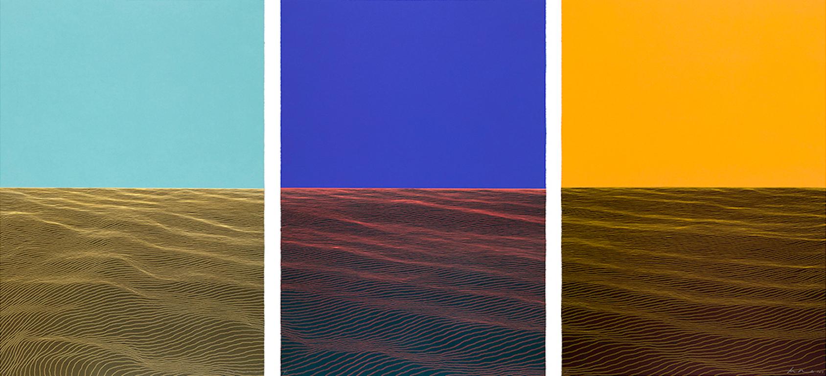Ann Aspinwall Abstract Print - Ray I-III Triptych, abstract minimalist linocut