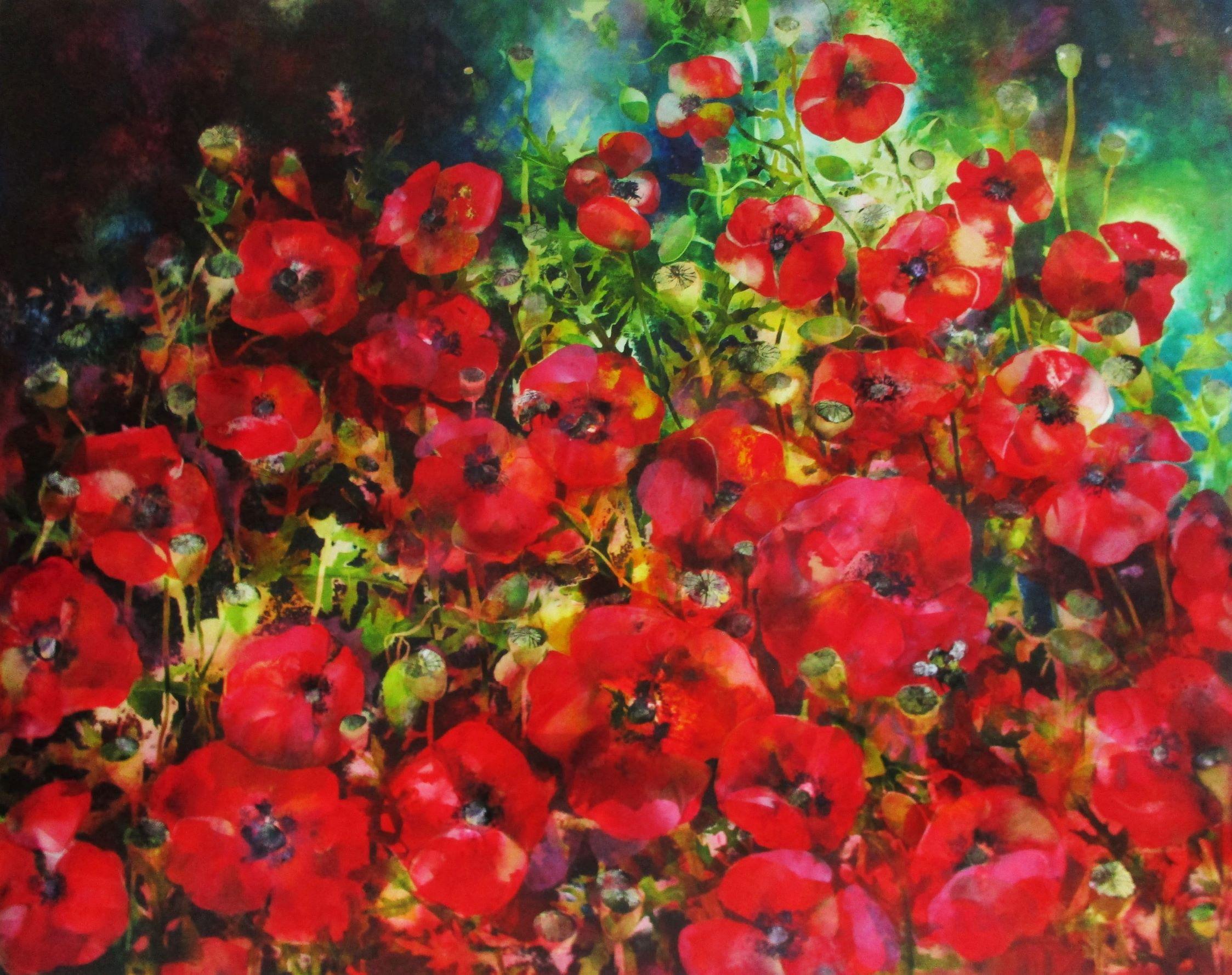 Ann Bridges, Spätnachmittag Sonnenschein (Poppies), Blumenkunst, preisgekrönte Kunst