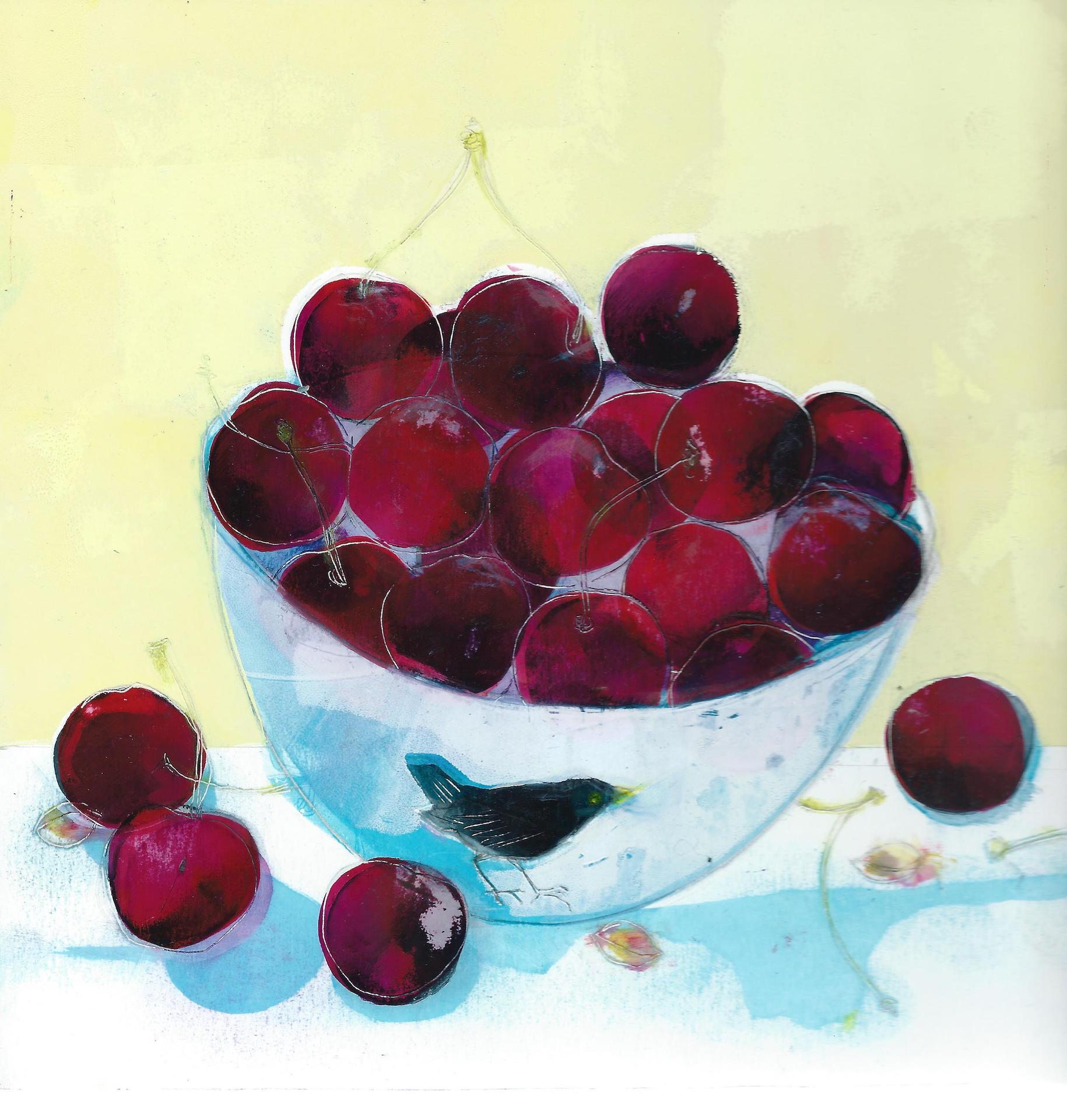 Ann Bridges, Stealing Red Cherries, Original Still Life Painting, Bright Art