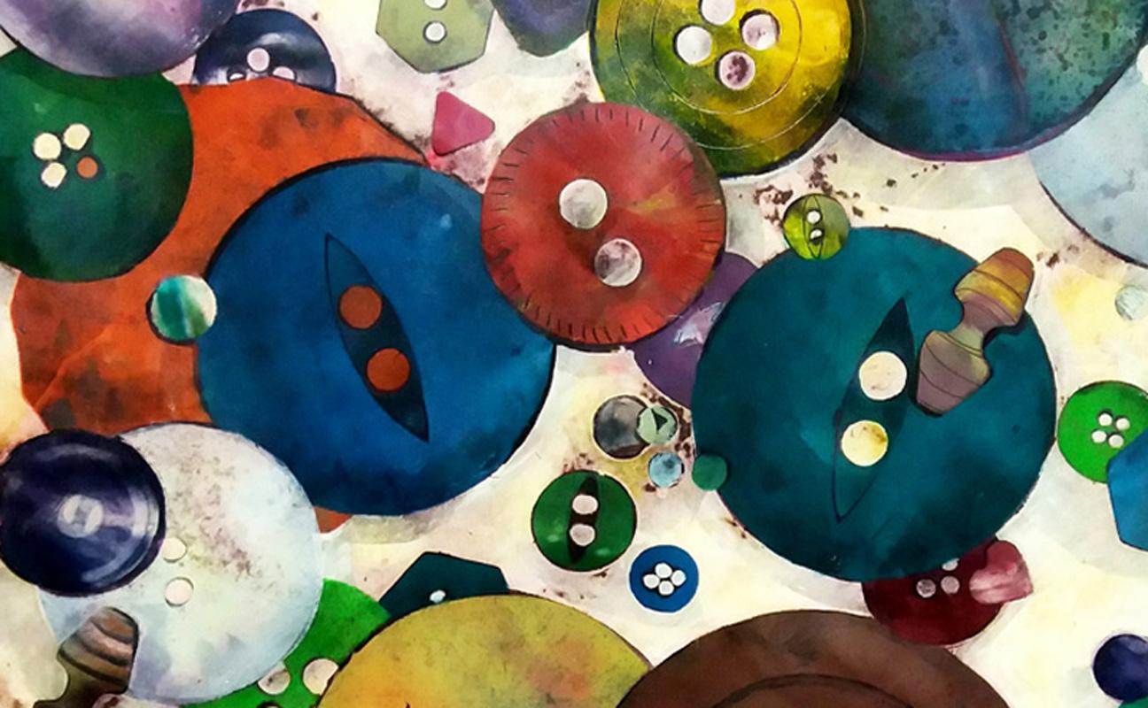 Buttons no. TWO - colourful monoprint, collection of colourful objects print - Print by Ann Bridges