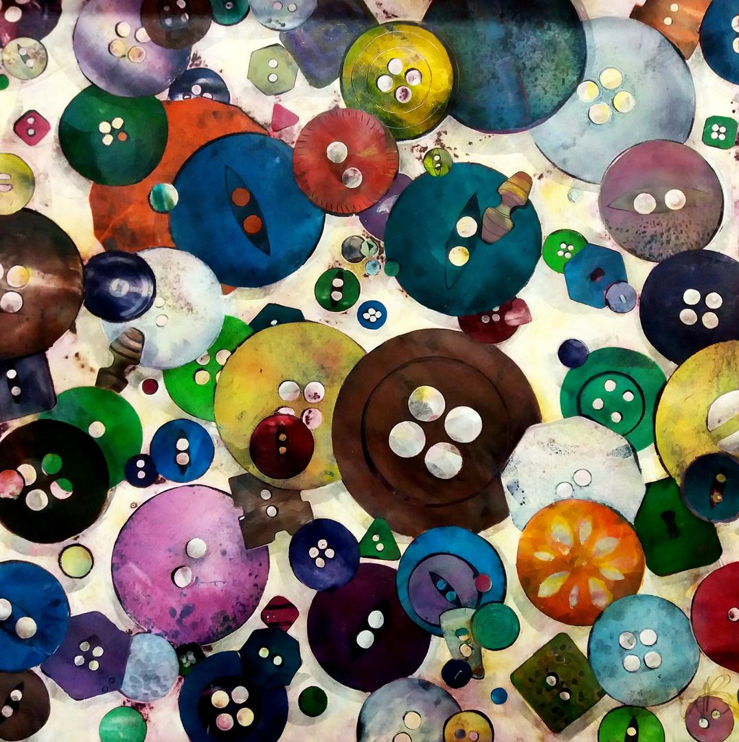Buttons n° TWO - monogravure colorée, collection d'objets colorés imprimés