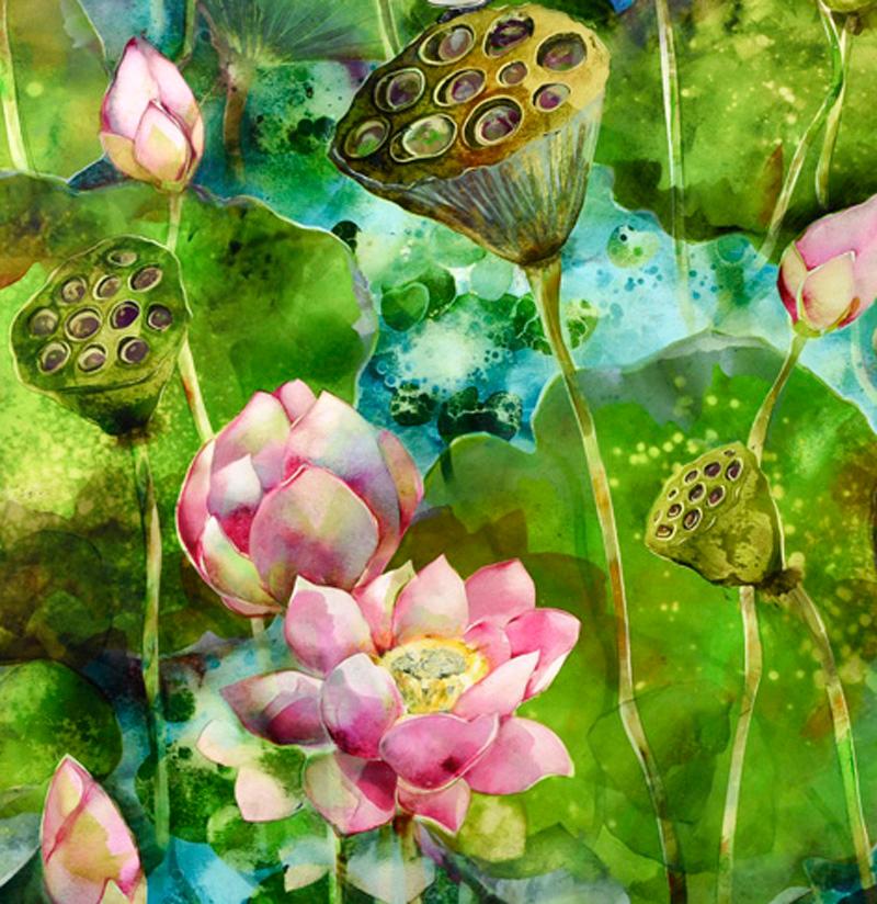 Lotus Pond no.Two - monoimpression originale de fleur de lotus colorée encadrée en vert - Contemporain Print par Ann Bridges