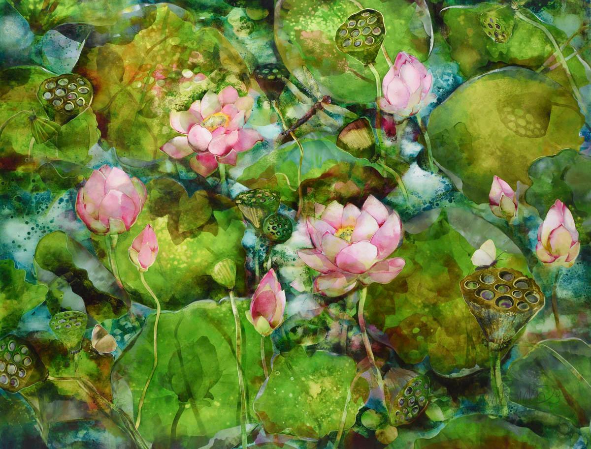 Landscape Print Ann Bridges - Lotus Pond no.Two - monoimpression originale de fleur de lotus colorée encadrée en vert