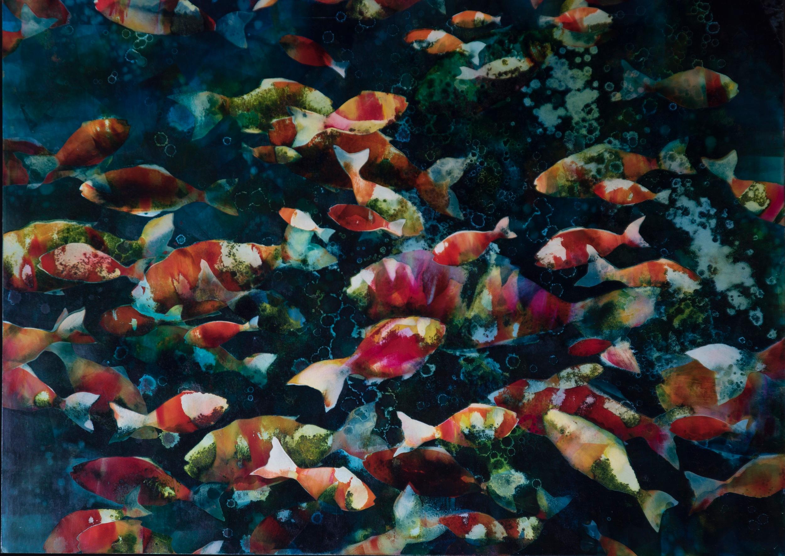 Ocean View - colourful fish underwater, original monoprint framed