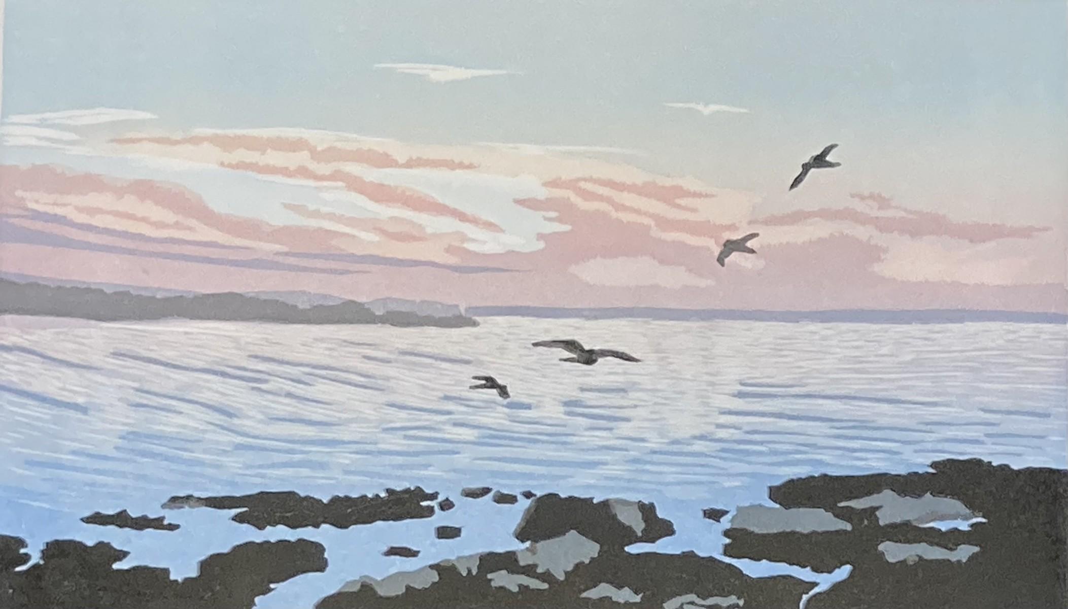 Gulls at Sunset [2022]
limited_edition and hand signed by the artist 
Linocut on paper 
Edition number 1-10
Image size: H:19 cm x W:31 cm
Complete Size of Unframed Work: H:40 cm x W:80 cm x D:0.5cm
Sold Unframed
Please note that insitu images are