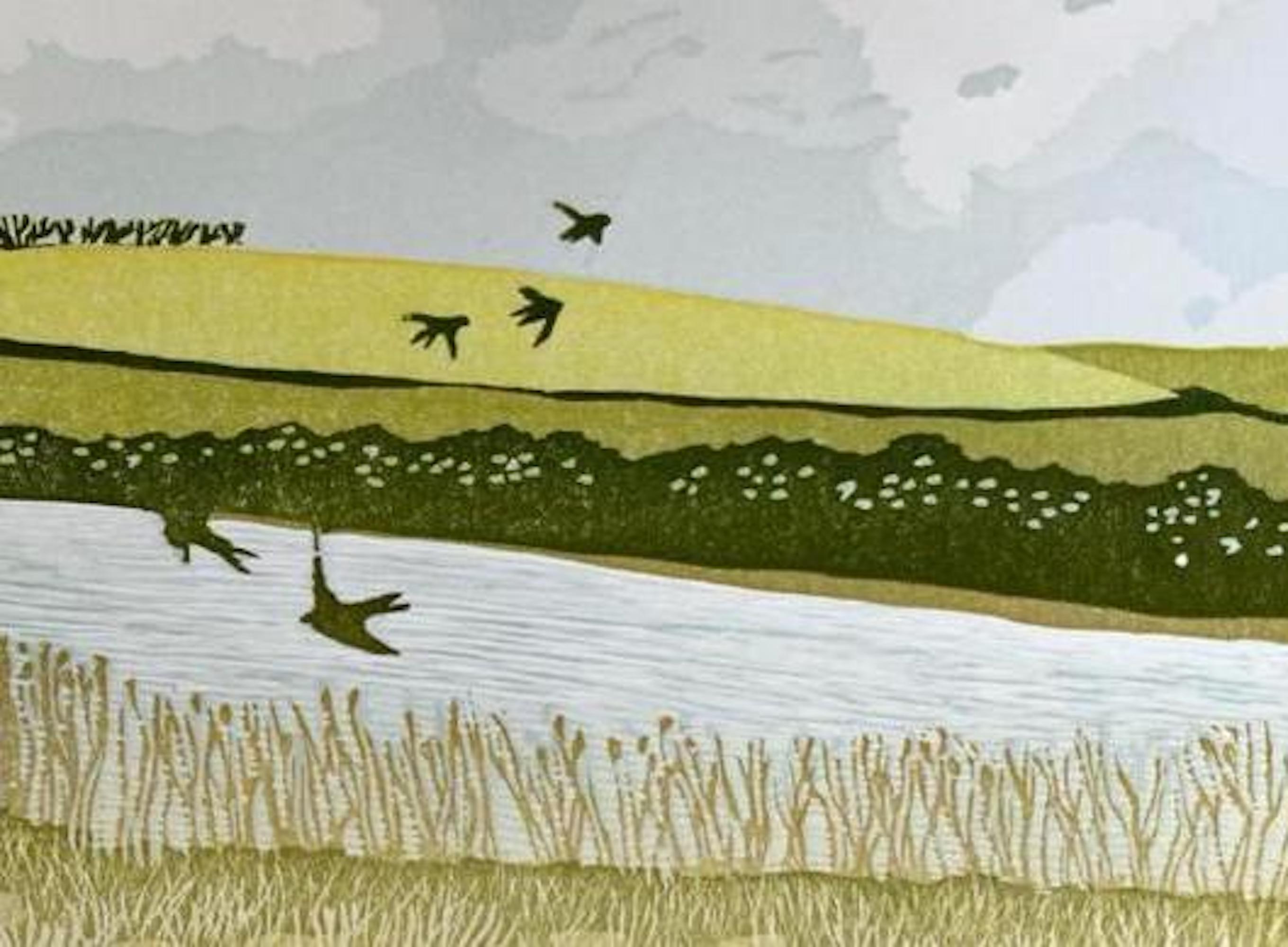Ann Burnham, Swallows over the Ley, Seascape Art, Handmade Contemporary Print For Sale 3