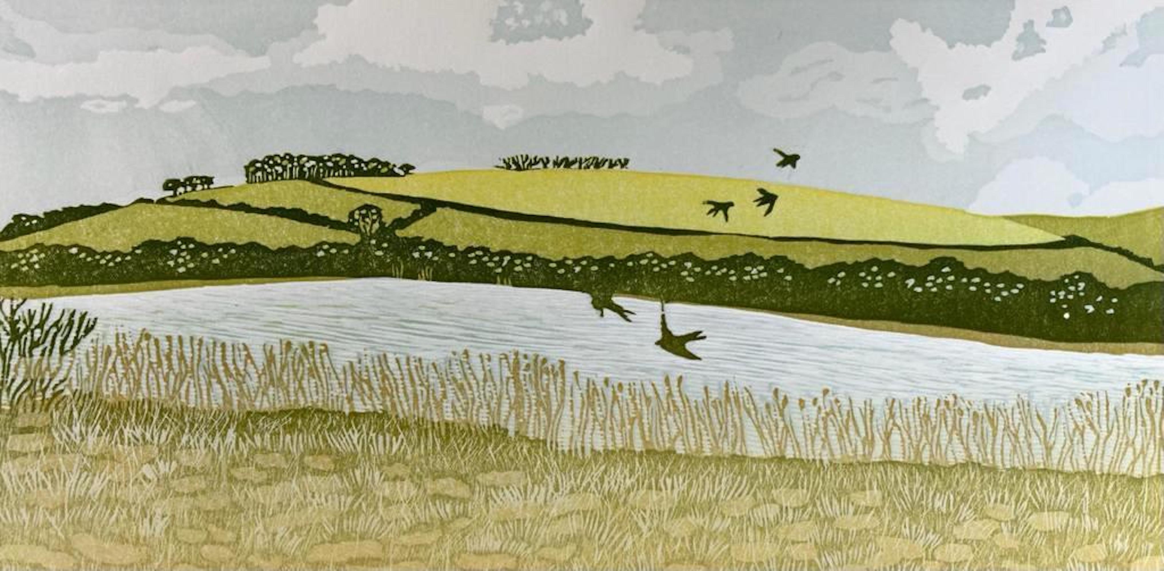 Ann Burnham, Swallows over the Ley, Art des paysages marins, Impression contemporaine faite à la main