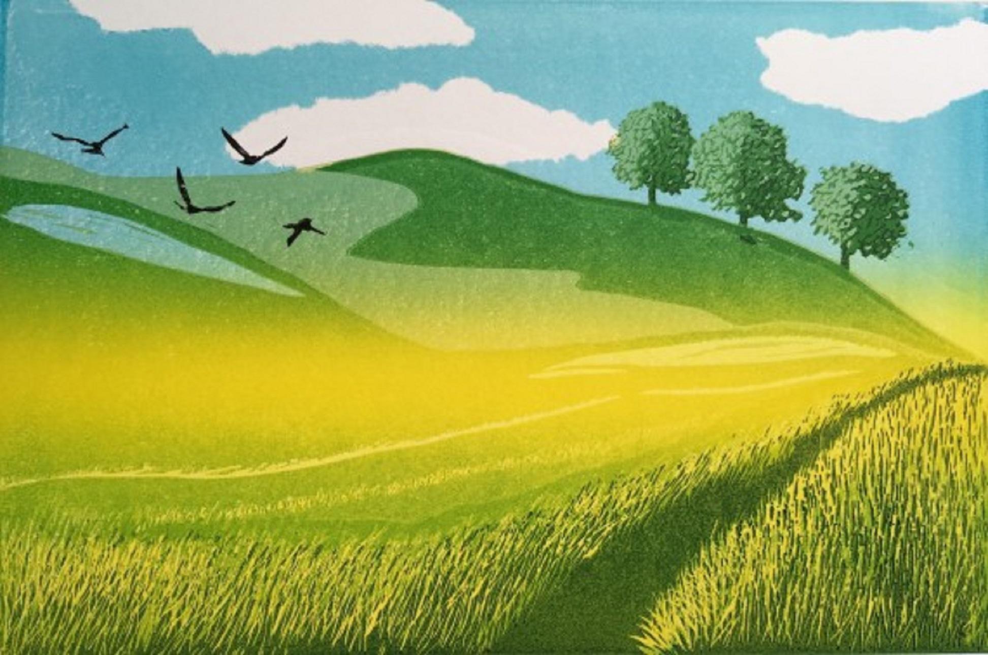 Ann Burnham Animal Print - Crows over the Fields, Limited edition animal art, Landscape print