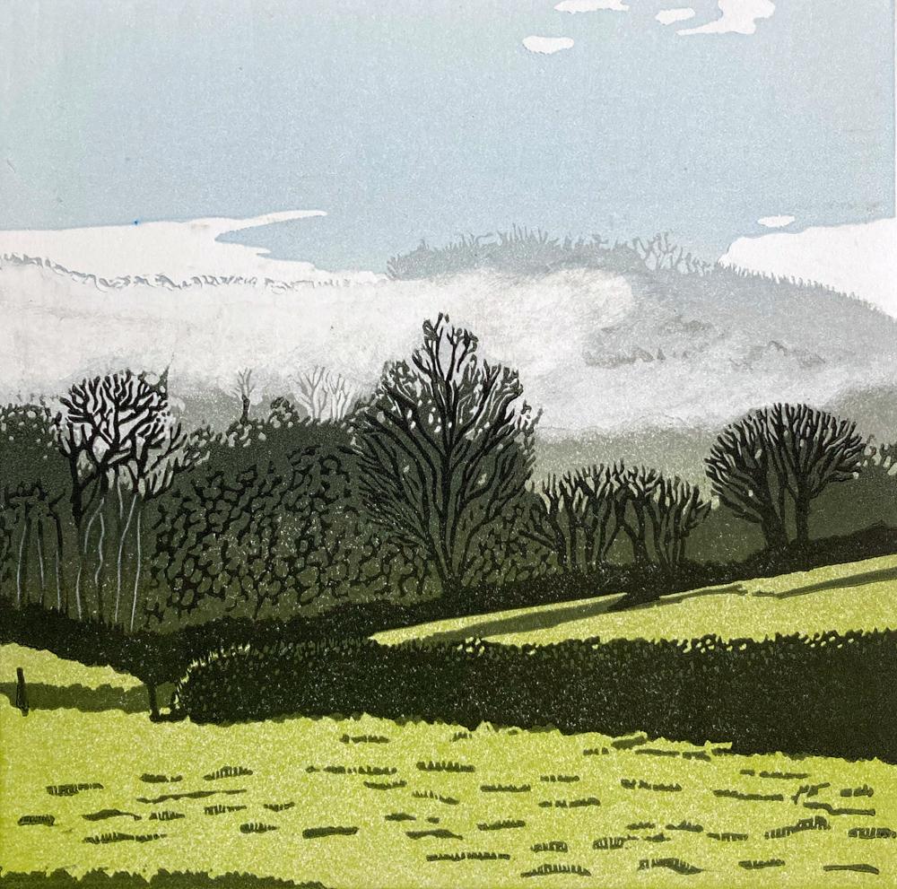Ann Burnham Landscape Print – Morning Trees aus Altholz