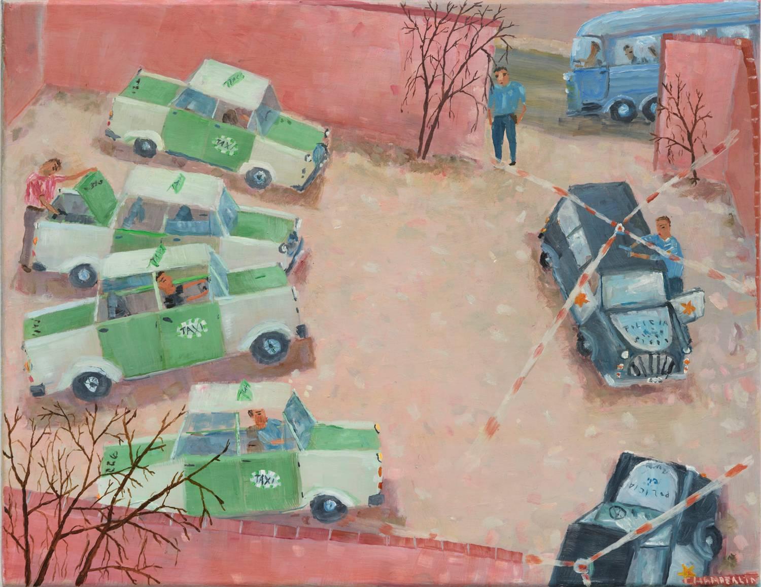 Ann Chamberlin Figurative Painting - Taxis and Police