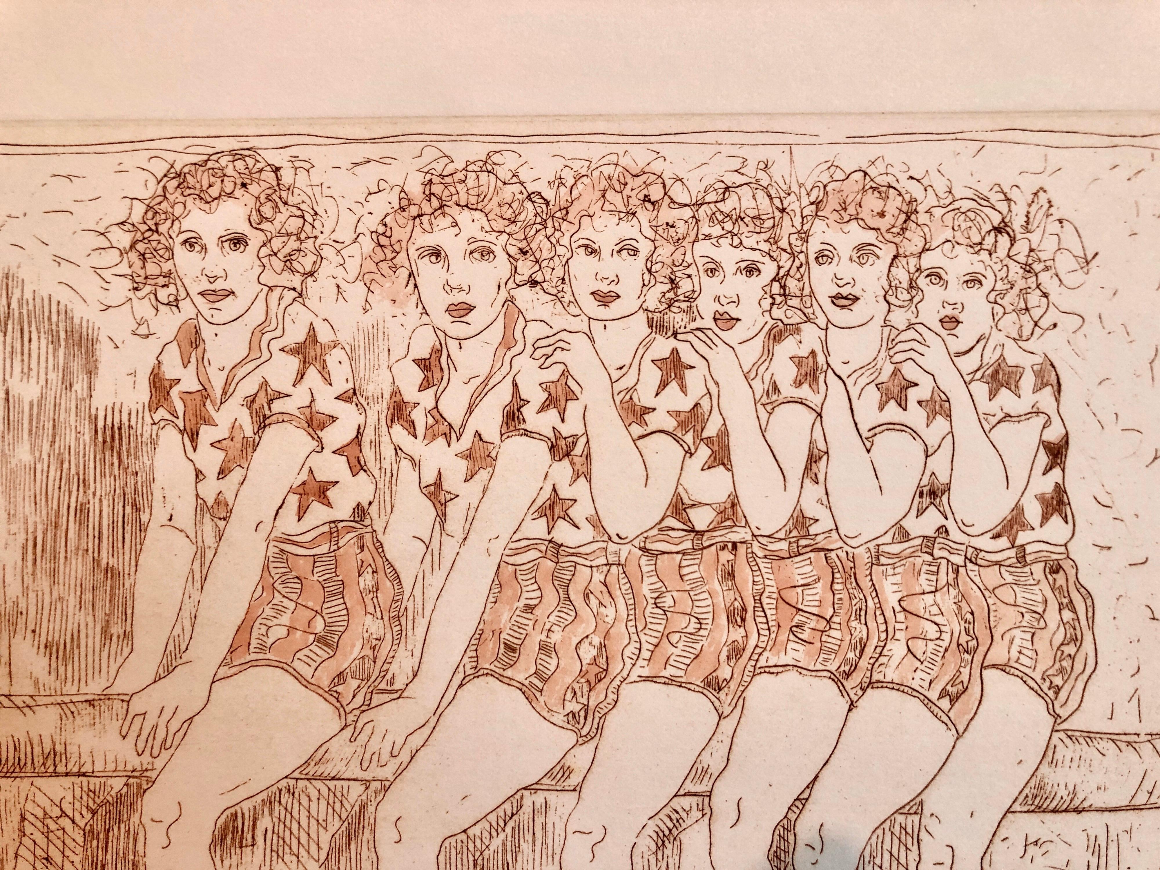 Handkolorierte Radierung Vintage Hollywood Legenden mit Aquarellmalerei (Grau), Figurative Print, von Ann Chernow