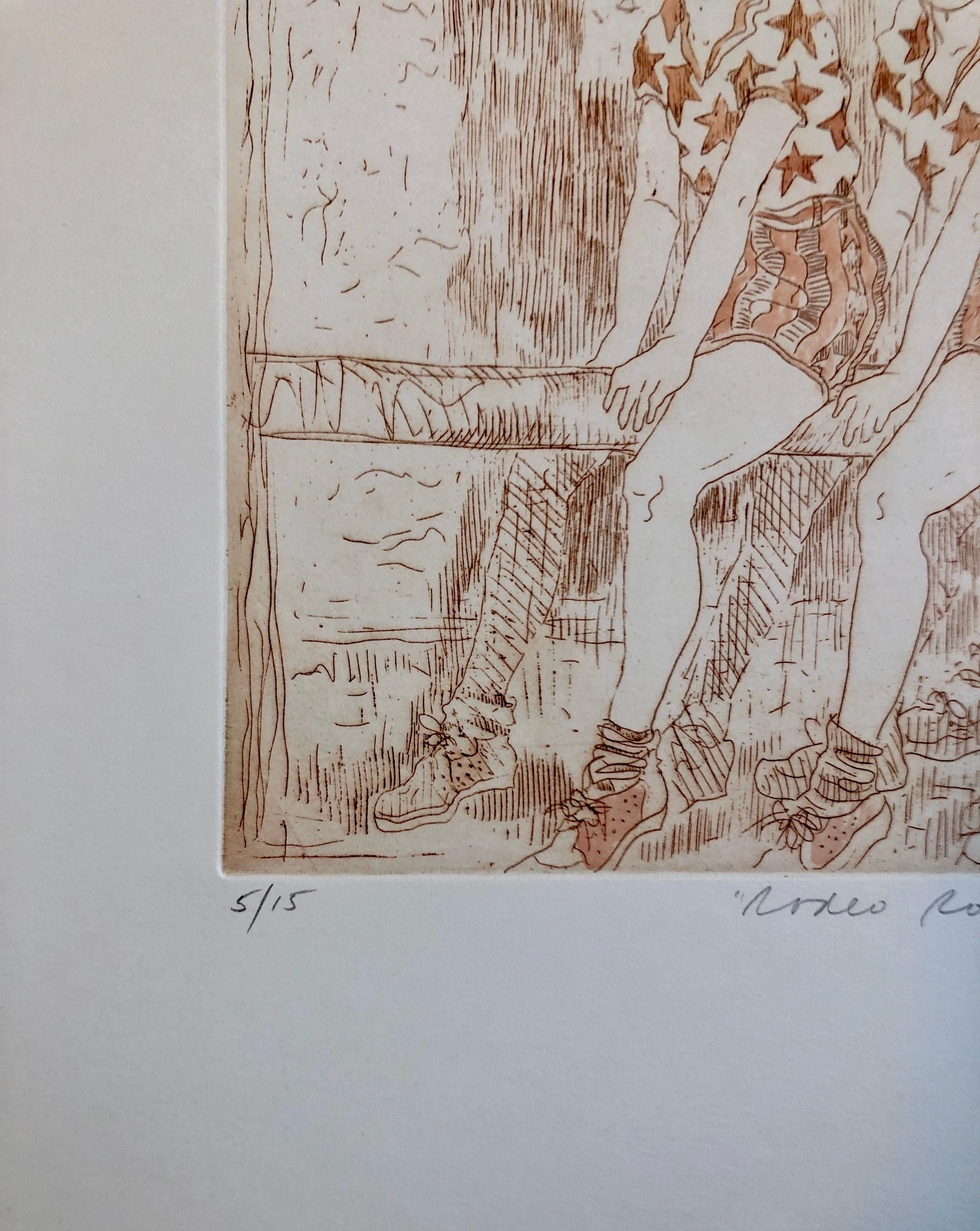 Titled: Rodeo rose
Ann Chernow (Connecticut b. 1936) etching. hand signed 'Ann Chernow' in pencil lower right. Numbered '5/15' in pencil lower left. Titled in pencil lower center. Sheet measures 18-in. x 24-in. 
Image is smaller. please see