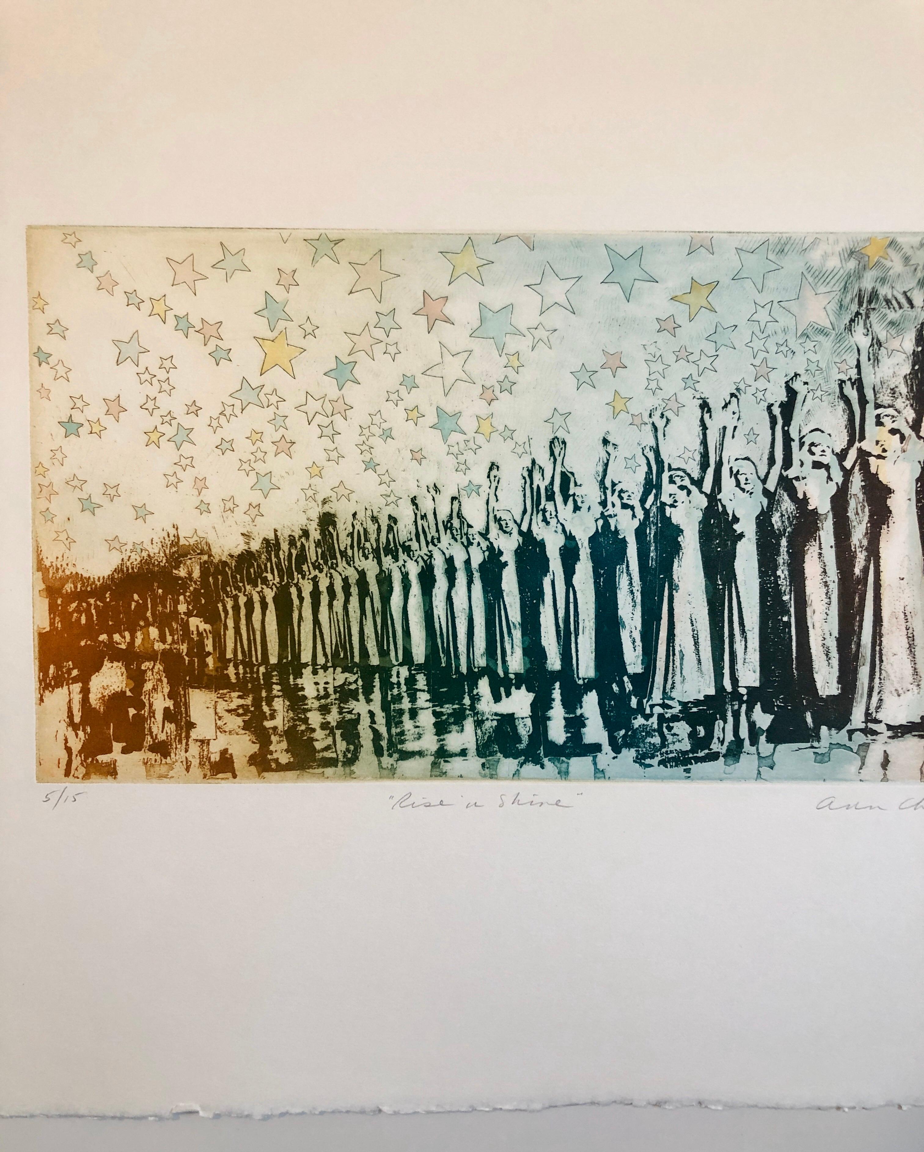 Titled: Rise n Shine
Ann Chernow (Connecticut b. 1936) etching. hand signed 'Ann Chernow' in pencil lower right. Numbered '5/15' in pencil lower left. Titled in pencil lower center. Sheet measures 18-in. x 24-in. 
Image is smaller. please see