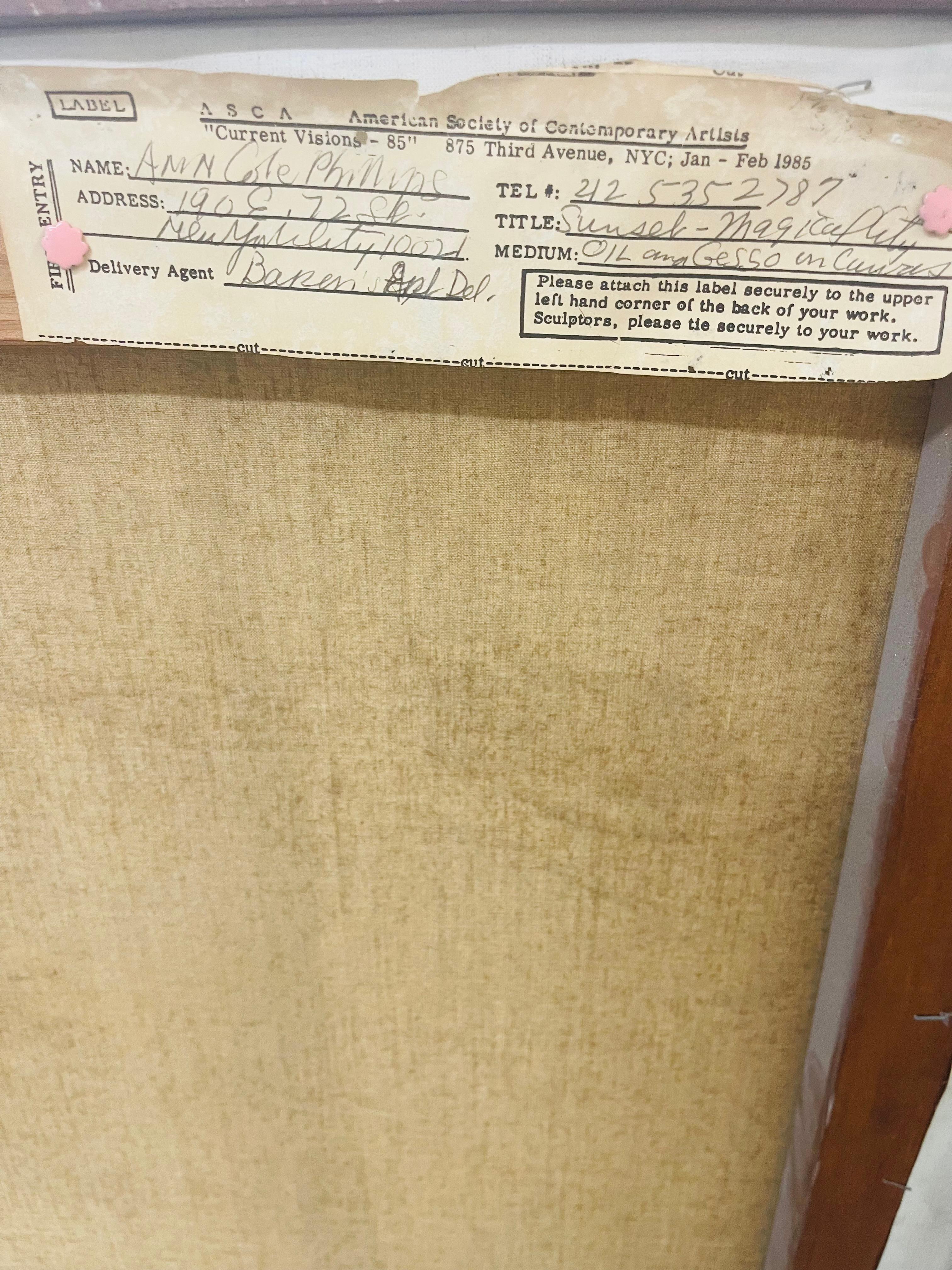 Provenance :   Collectional de la Fairleigh Dickenson University.

Il s'agit d'un  une image jazzy de la ville de New York, à la manière de John Marin. Au sommet de sa carrière, dans les années 1950 et 1960, les travaux de Mme Phillips ont été