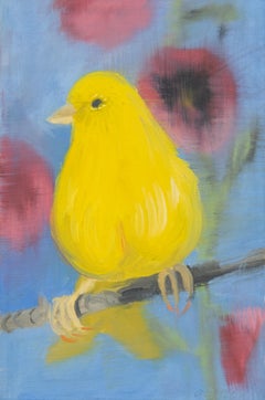 Bird, Small scale painting of a yellow bird on a blue background, Ann Craven